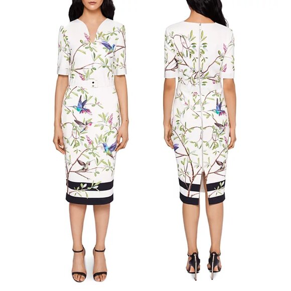 Ted Baker EVRELY HIGHGROVE Hummingbird Branch Blossom Sheath Midi Dresss, TD 0 - Picture 1 of 16